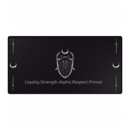 Desk Mat — Lunar Wolf Crest Gaming Desk Mat with ‘Loyalty. Strength. Alpha. Respect. Primal.’