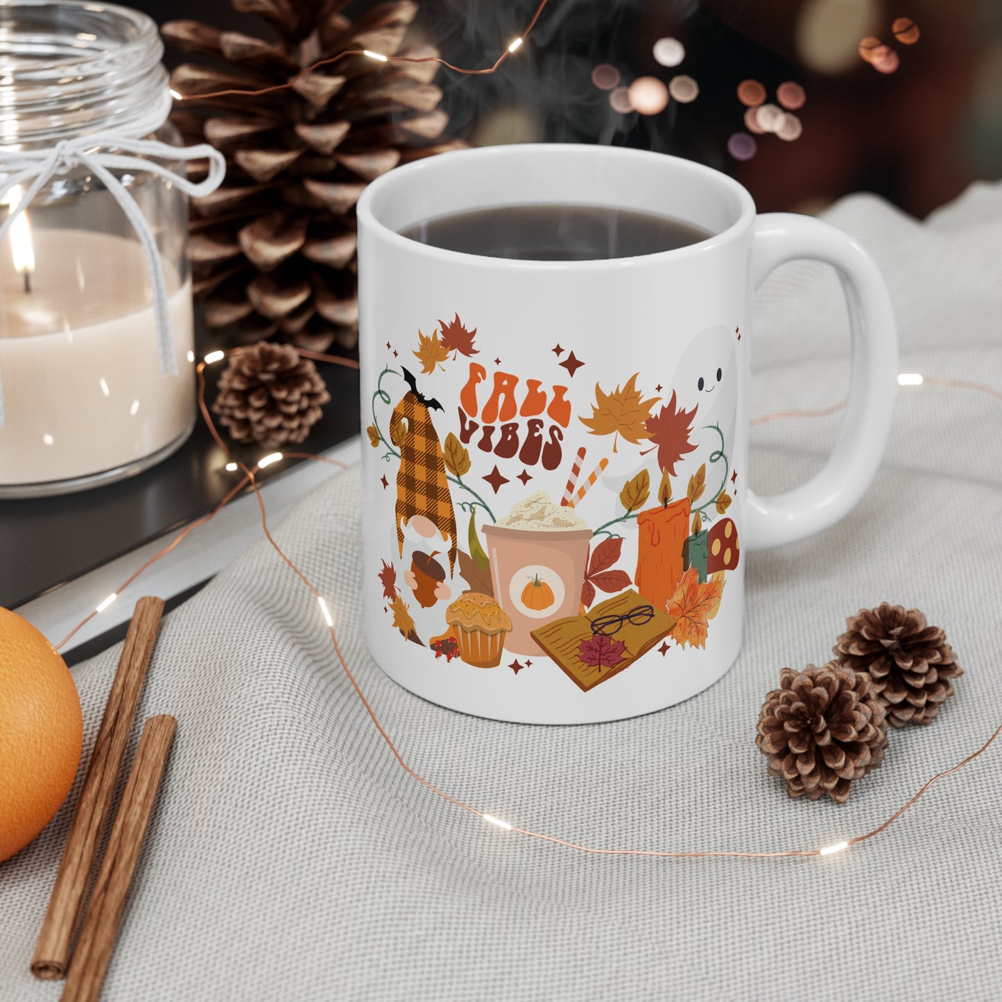 Fall Vibes Cozy Gnome and Ghost Bookish Mug 11oz