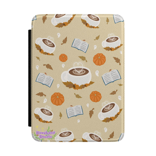 Autumn Cozy Kindle Case — Pumpkin, Coffee & Open Book Pattern