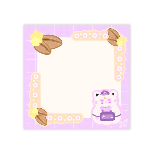 Purple Lunya Ghost Cafe Cat Post-it Note Pads — Cute Kawaii Memo Pads with Fortune Cat & Floral Border