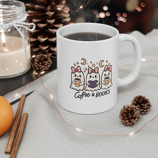 Coffee and Books Cute Ghost Bookish Mug 11oz